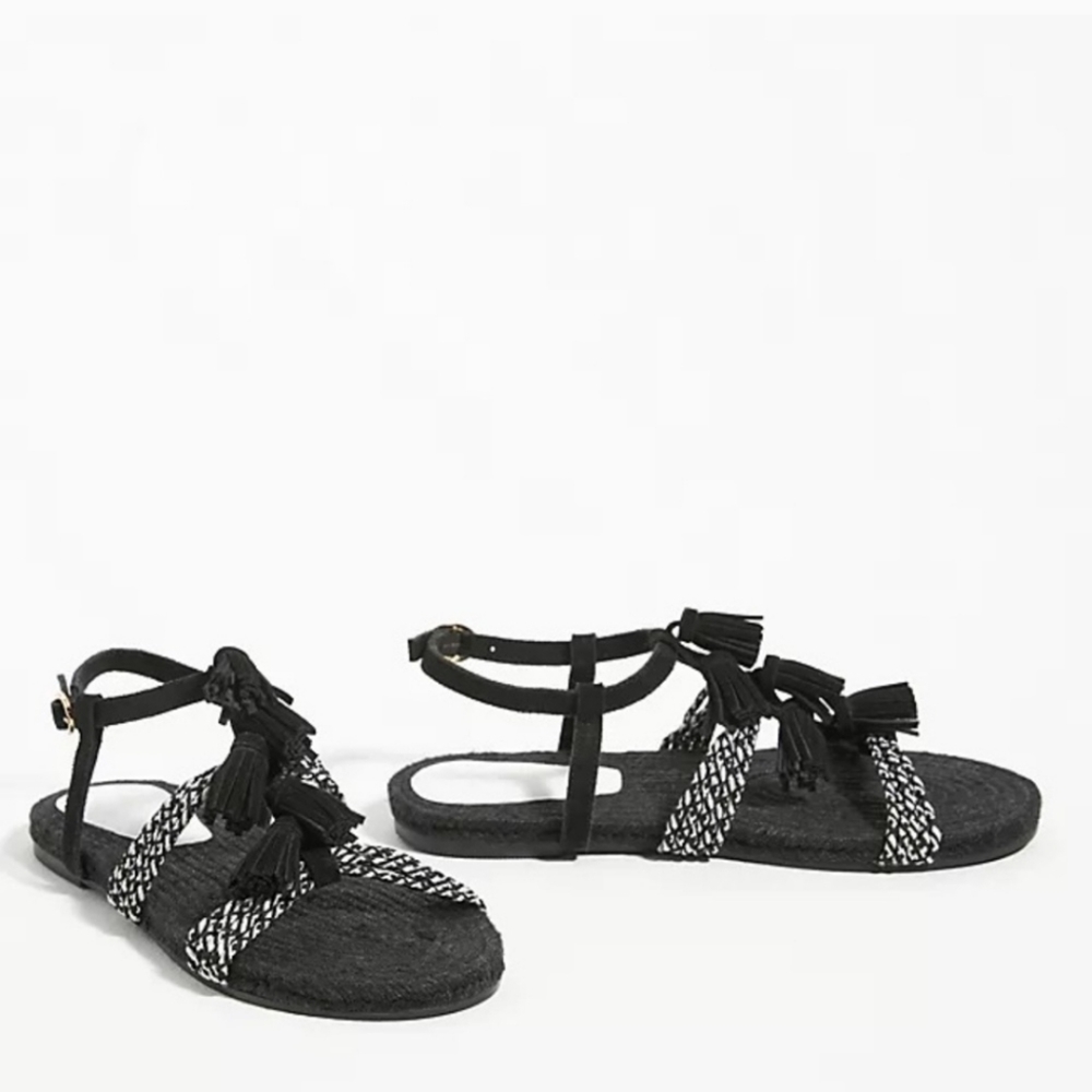 Anthropologie fringed tassle sandals leather black and white new unworn sz10